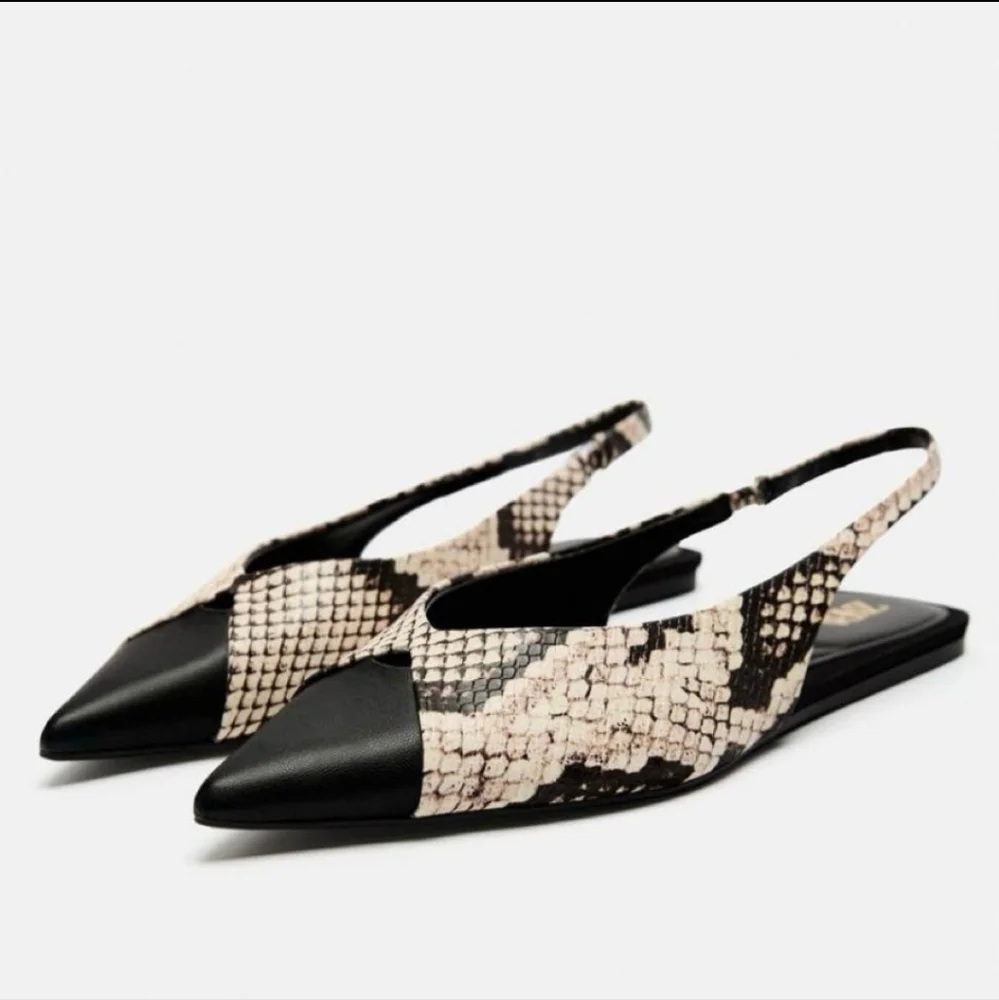 Zara Black & Snake Print Pointed Slingback Flats